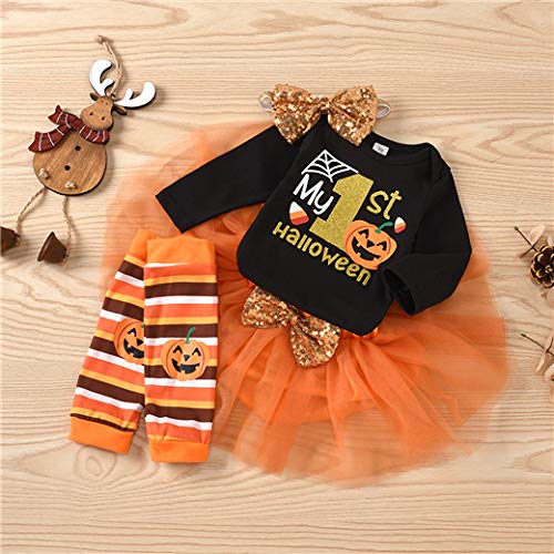 CPEI Baby Girls Halloween Outfits Costume My 1st Halloween Romper+ Tutu Skirt+ Striated Leg Warmer+ Bunny Headband 4Pcs Outfit Set (Black  6-12 Months) - Image 2